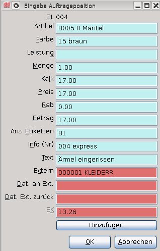 Bearbeitung Auftragsposition